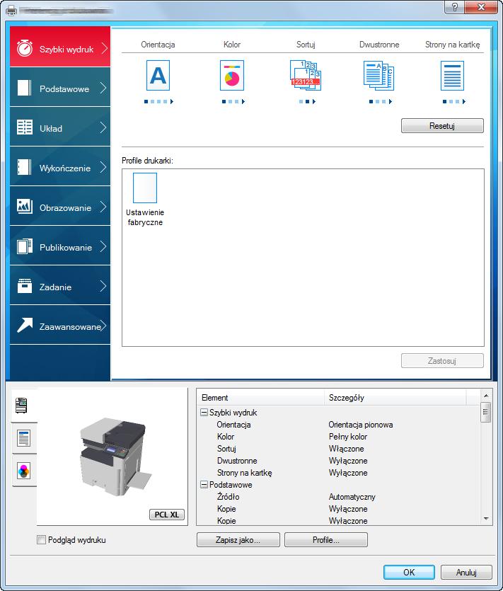 Obsługa na komputerze PC > Ekran ustawień drukowania w sterowniku drukarki Ekran ustawień drukowania w sterowniku drukarki W oknie dialogowym ustawień drukowania sterownika drukarki można