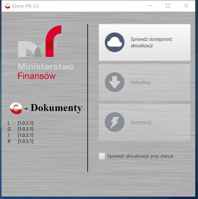 Uruchomienie Po uruchomieniu aplikacji pojawi się ekran startowy, który zawiera trzy przyciski akcji: Sprawdź dostępność aktualizacji sprawdza czy istnieją dostępne aktualizacje oprogramowania,