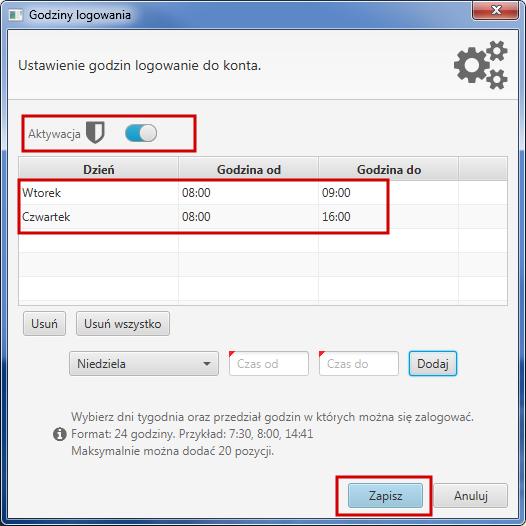 Rysunek 47: Ustawienie godzin logowania 6.1.3.5 Przypisanie do IP Po wejściu w Ustawienia» Przypisanie do IP lub użycie ikonki, wyświetli się formularz ustawienia przypisania adresu IP do konta.