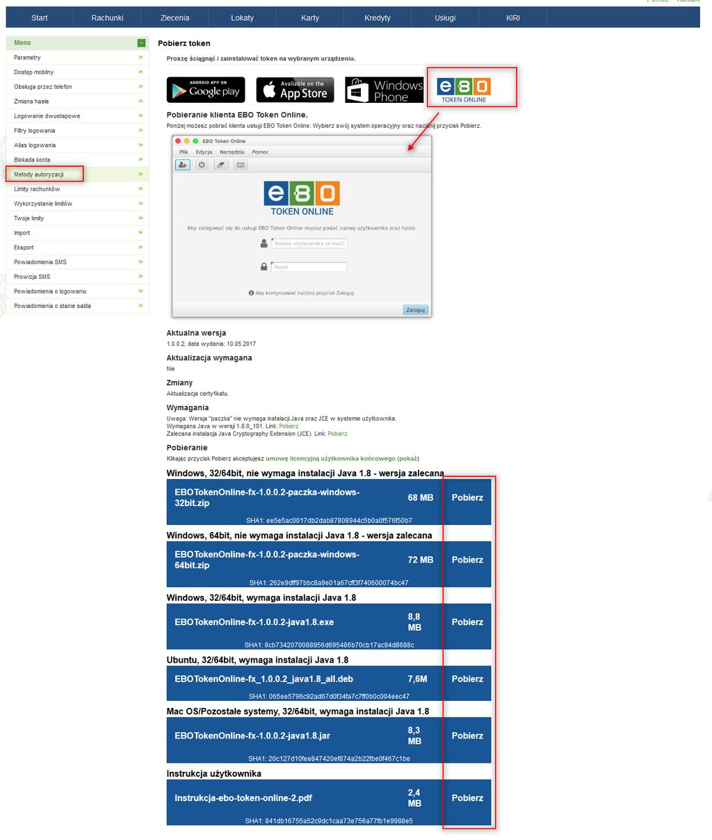 Rysunek 2: Informacje m. in. o aktualnej wersji, licencji, linkami do pobrania aplikacji i dokumentacji EBOTokenOnline-fx 1.x.x.x java1.8 all.deb - wersja dla Ubuntu 32/64bit - wymaga Java 1.