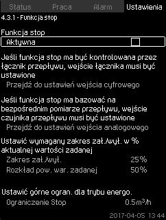 8.7.24 Funkcja stop (4.3.1) A: Praca normalna H [m] B: Podnoszenie ciśnienia C: Zatrzymanie A B C B C Zatrzymanie Polski (PL) Załączenie Zatrzymanie: Hset + 0,5 x zakres zał./wył.