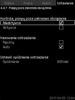 8.7.57 Pompy poza zakresem obciążenia (4.4.7) Wejścia analogowe muszą być prawidłowo ustawione przed włączeniem funkcji. Zob. część 8.7.29 Wejścia analogowe (4.3.8).