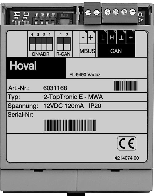 Moduł pomiarowy Hoval TopTronic E Opis Moduł pomiarowy TopTronic E Moduł sterownika z interfejsem MBus do odczytu ciepłomierzy (maks.