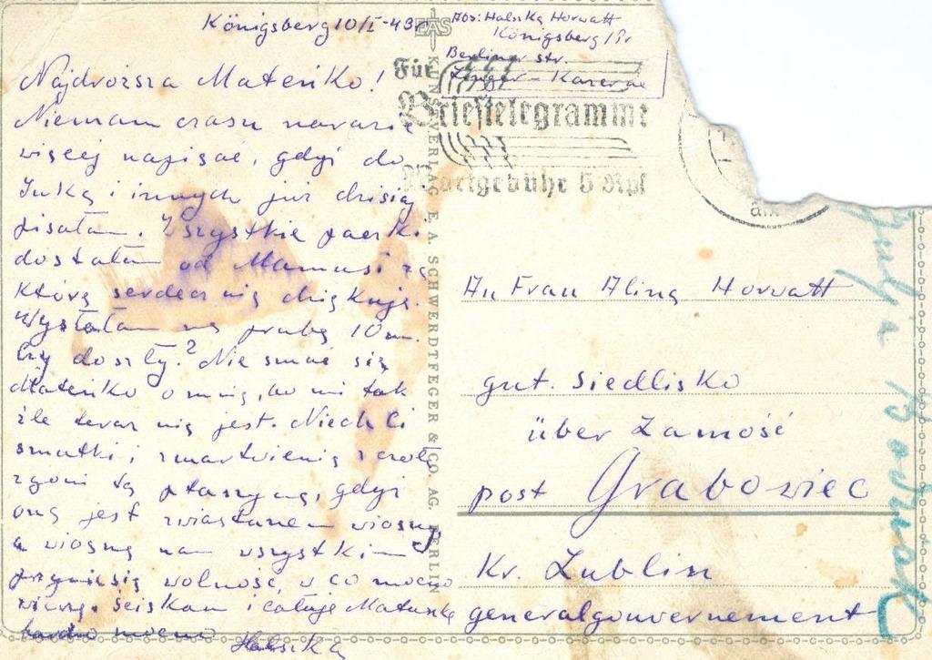 1 (ze zbiorów Marka Splewińskiego, wnuka Stanisława Horwatta). Dokument 2 Rok 1943, 10 stycznia.