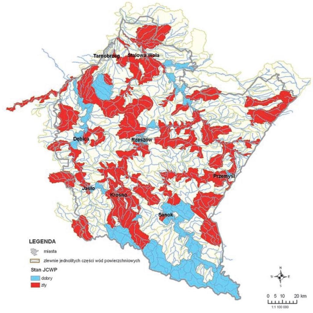 Rysunek 14. Stan JCWP na terenie województwa podkarpackiego na podstawie oceny WIOŚ w Rzeszowie za rok 2015.
