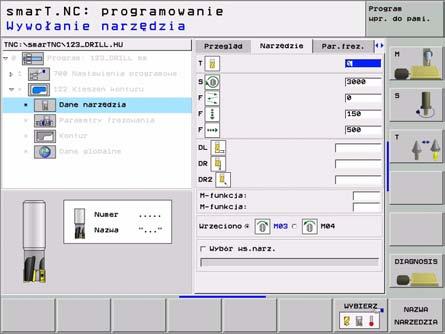 Dodatkowe parametry w formularzu szczegółowym Narz dzie: DL: długość delta dla narz dzia T DR: delta promienia dla narz dzia T DR2: delta promienia 2 (promień naroża) dla narz dzia T M-instrukcja: