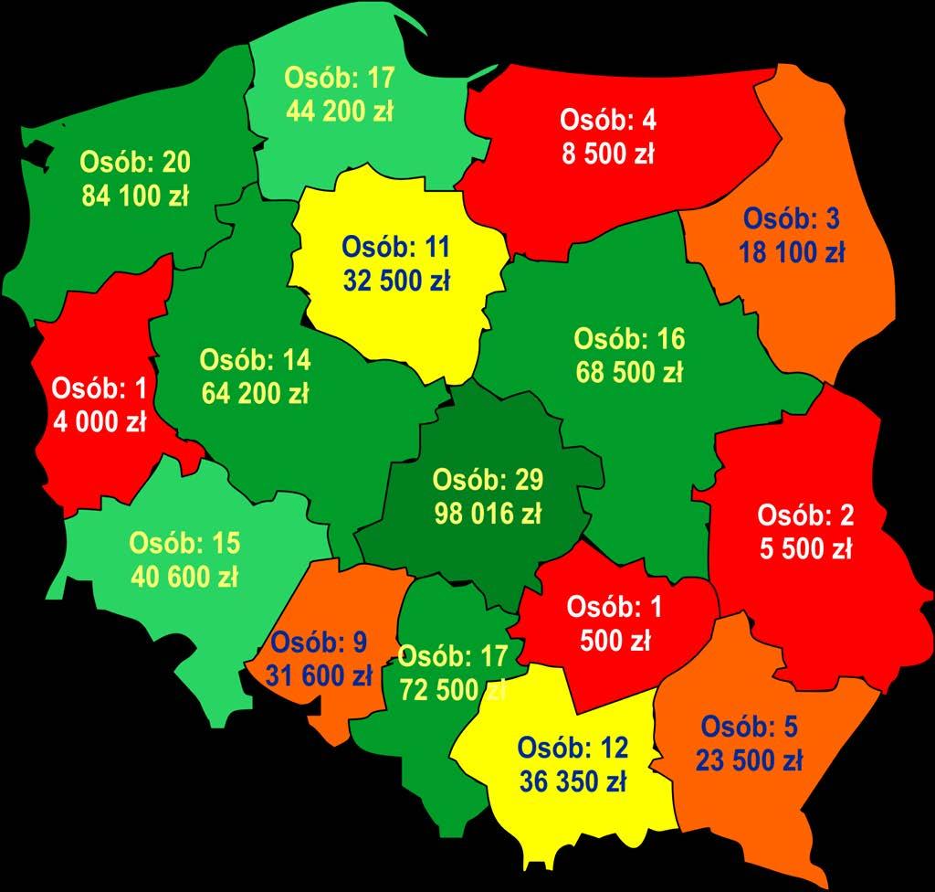 10.5. Mapa przyznanych zapomóg w poszczególnych województwach Województwo Ilość osób Przyznano pomoc Średnio na 1 osobę świętokrzyskie 1 500 zł 500 zł lubuskie 1 4 000