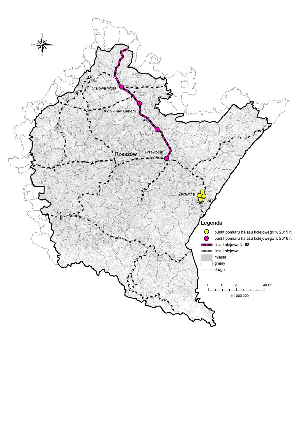 4.4 Hałas kolejowy W latach 2012 2016 zakres badań hałasu kolejowego obejmował 8 punktów pomiarów równoważnego poziomu hałasu (LAeqD, LAeqN), pomiary prowadzono w obrębie miejscowości: Żurawica oraz