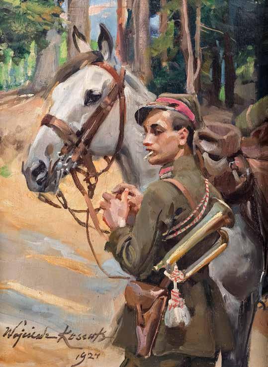 92 Wojciech Kossak (1856 Paryż 1942 Kraków) Ułan z koniem, 1924 r. olej, płyta, 30,5 22,5 cm w świetle oprawy sygn. i da