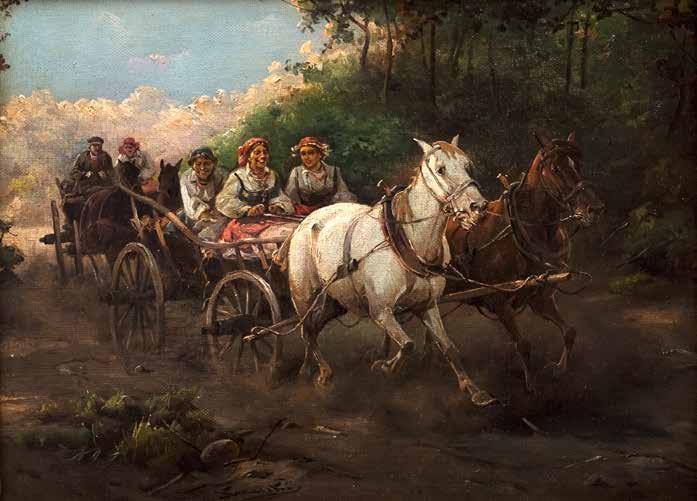 18 Jan Konarski (1850 1918) Przejażdżka olej, płótno, 26 35 cm sygn.