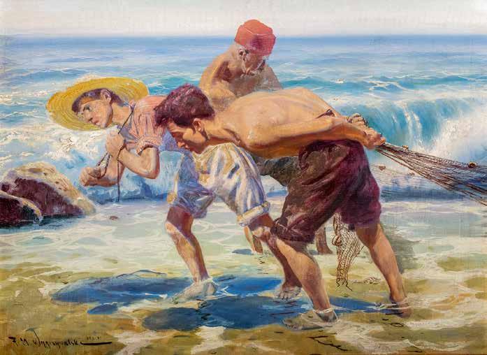 33 Feliks Michał Wygrzywalski (1875 Przemyśl 1944 okolice Rzeszowa) Ciągnący sieci olej, tektura, 54 78 cm sygn. l. d.: F.M. Wygrzywalski senior cena wywoławcza: 21 000 zł estymacja: 28 000 32 000 zł Był absolwentem Królewskiej Akademii Sztuk Pięknych w Monachium (klasa K.