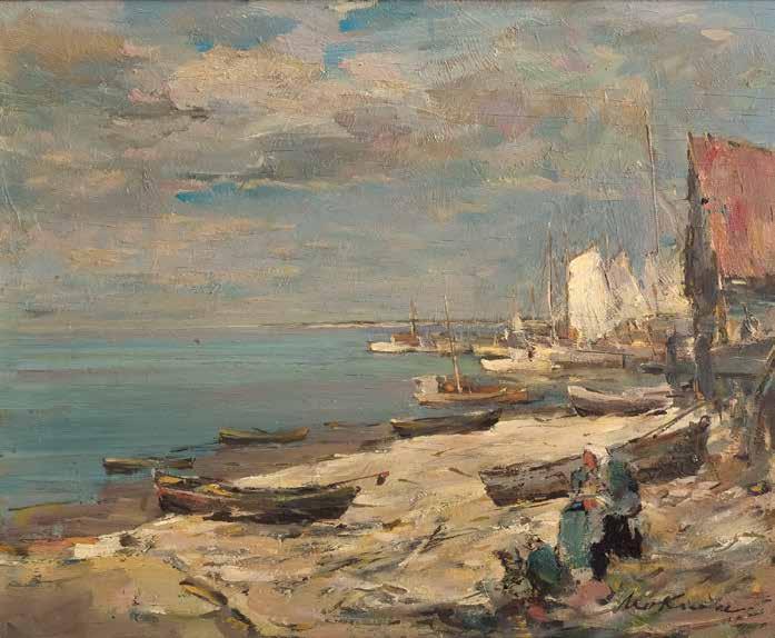 69 Marian Mokwa (1889 Malary 1987 Sopot) Łodzie, po 1950 r. olej, sklejka, 39,5 49,5 cm w świetle oprawy sygn. p. d.
