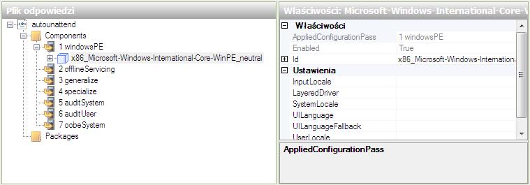 W obszarze "Microsoft-Windows-International-Core-WinPEProperties " wpisz ustawienia językowe określone przez instruktora w