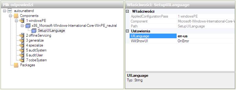 W obszarze " Answer File " rowiń Microsoft-Windows-International-core-WinPE> Wybierz SetupUILanguage.