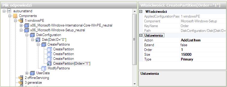 Zaznacz górny CreatePartition w obszarze " Answer File ".