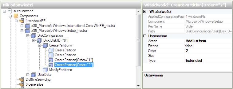 Zaznacz górny CreatePartition w obszarze " Answer File ". W obszarze " CreatePartitionProperties ", należy ustawić następujące wartości: Extend = false, Order = 3, and Type = Logical.