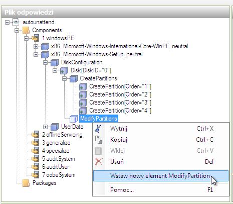 W obszarze " Answer File ", kliknij prawym przyciskiem myszy ModifyPartitions>Insert New ModifyPartition. Dodaj dwa obiekty ModifyPartition, w sumie trzy obiekty.