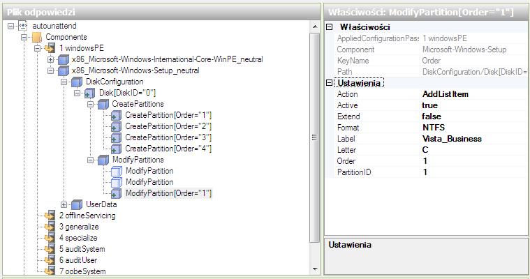 W obszarze " ModifyPartitionProperties", należy ustawić następujące wartości:: Action = AddListItem, Active = true, Extend = false, Format = NTFS, Label = Vista_Business, Letter = C, Order =