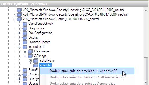 W obszarze "Windows Image", zlokalizuj i rozwiń składnik Microsoft-Windows-Setup \ DiskConfiguration \ ImageInstall