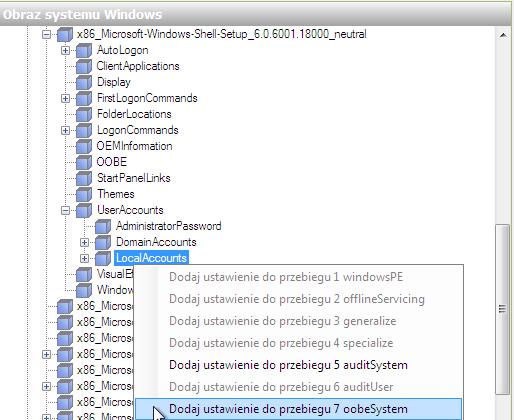 Krok 9 W obszarze "Windows Image", zlokalizuj i rozwiń składnik Microsoft-Windows-Shell-Setup \ UserAccounts \ LocalAccounts>kliknij prawym przyciskiem myszy LocalAccount>AddSetting to Pass 7