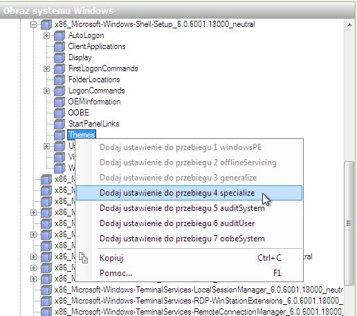 Krok 10 W obszarze "Windows Image", znajdź Microsoft-Windows-Shell-Setup >i kliknij prawym przyciskiem Themes>AddSetting to Pass 4 specialize.