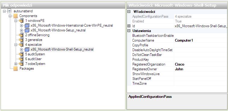 Rozwiń Microsoft-Windows-Shell-Setup w component 4 specialize w obszarze "