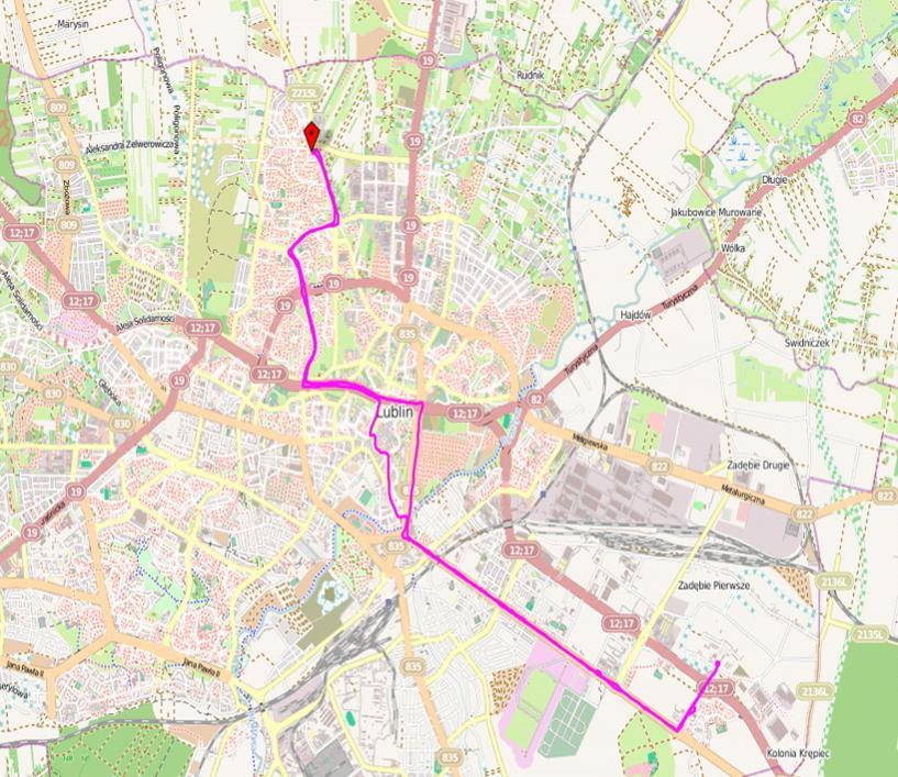 Na rysunku 3 przedstawiono graficznie przebieg trasy, na której dokonano pomiarów. Trasy złożone są z kilku odcinków o różnym natężeniu ruchu.