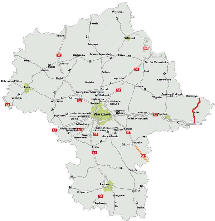 Zadania ujęte w PBDK w perspektywie finansowej 2014-2023 Budowa S19 odc. granica woj. podlaskiego Łosice granica woj. lubelskiego proces przygotowawczy Długość: 32,4 km na terenie woj.