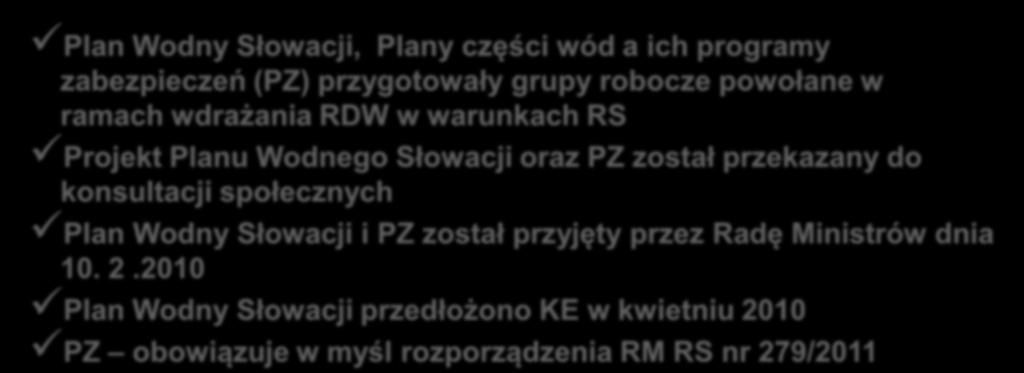 Słowacji oraz PZ został przekazany do konsultacji społecznych Plan Wodny Słowacji i PZ został przyjęty przez Radę
