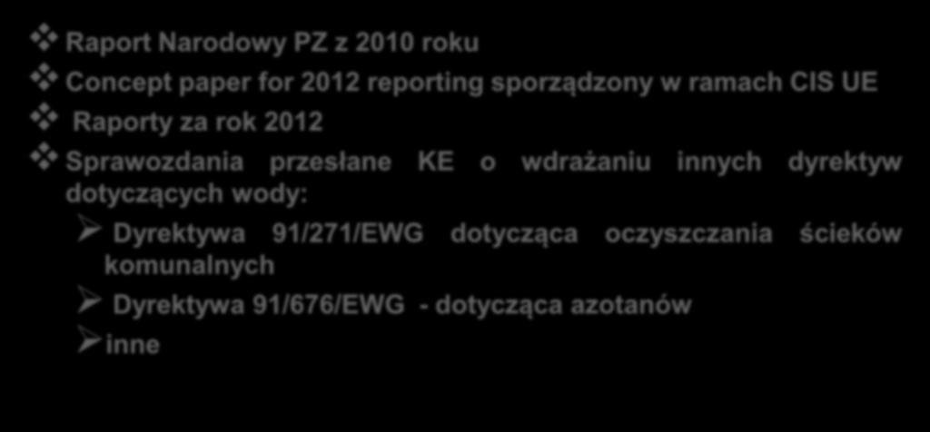 Sprawozdanie o postępie realizacji PZ-1 Materiały wyjściowe do sporządzenia Sprawozdania Raport Narodowy PZ z 2010 roku Concept paper for 2012 reporting sporządzony w ramach CIS UE Raporty za