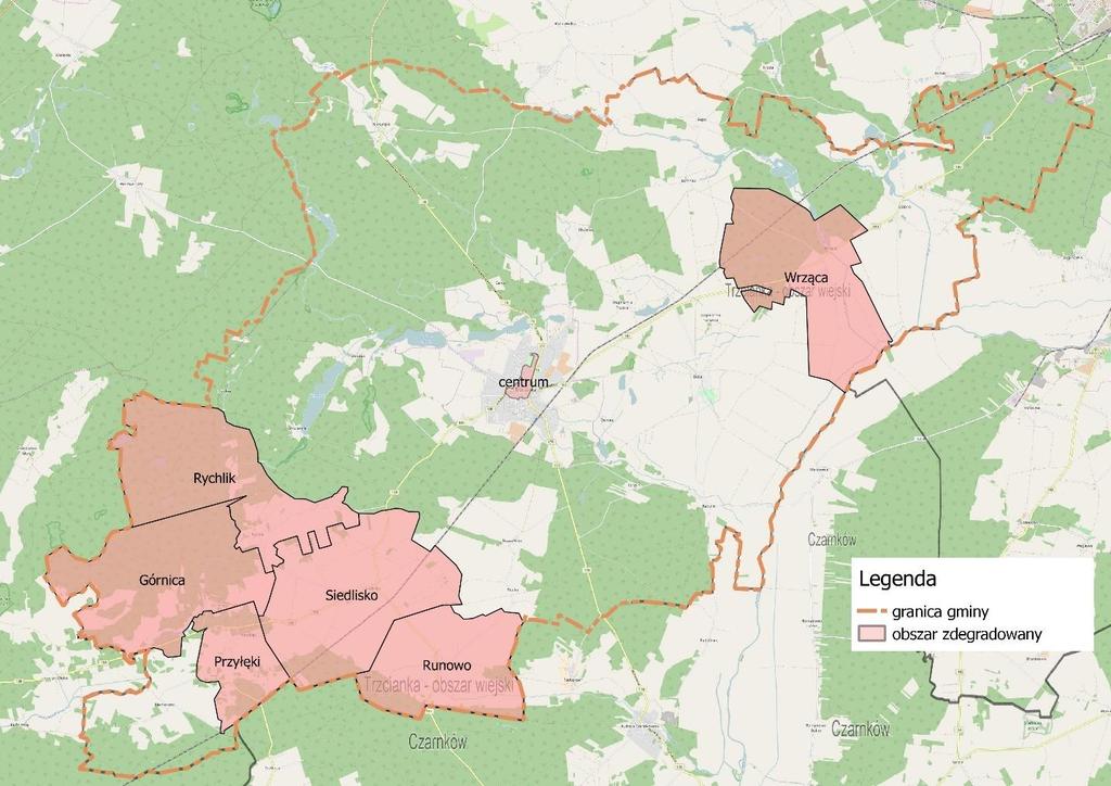 Rysunek 5. Obszar zdegradowany z podziałem na podobszary. Podobszar centrum Źródło: opracowanie własne na podkładzie www.openstreetmap.