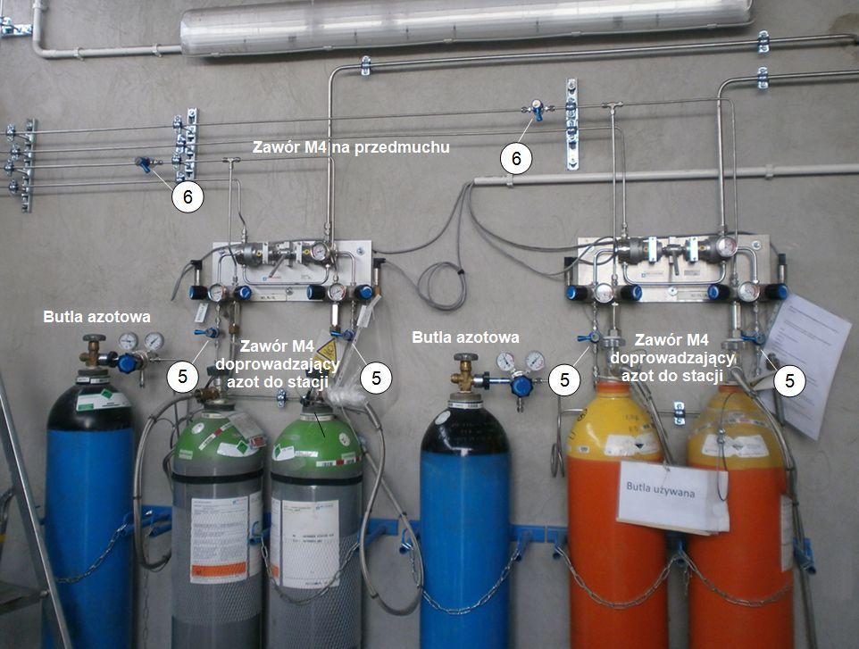 5. Upewnić się, że butla azotowa (1) jest zamknięta. 6. Odkręcić wąż z pustej butli NOx. 7. Podłączyć nową butlę z NOx, ale jej nie odkręcać. 8. Odkręcić butlę azotową (1).