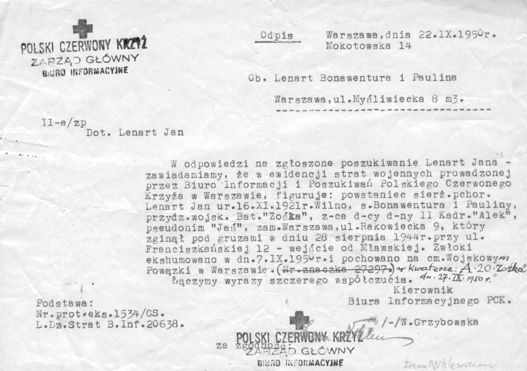 Artykuły i materiały 43 Zaświadczenie z Polskiego Czerwonego Krzyża dotyczące poległego Jana Lenarta ps. Jaś, żołnierza batalionu harcerskiego AK Zośka. Fot.