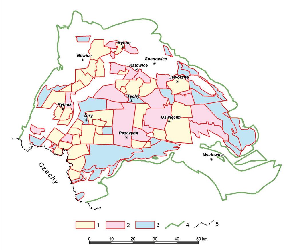 Sikorska-Maykowska i inni 2017 / Gospodarka Surowcami Mineralnymi Mineral Resources Management 33(2), 81 96 87 Rys. 2. Obszary perspektyw zasobowych złóż węgla kamiennego Górnośląskiego Zagłębia Węglowego (Jureczka i in.