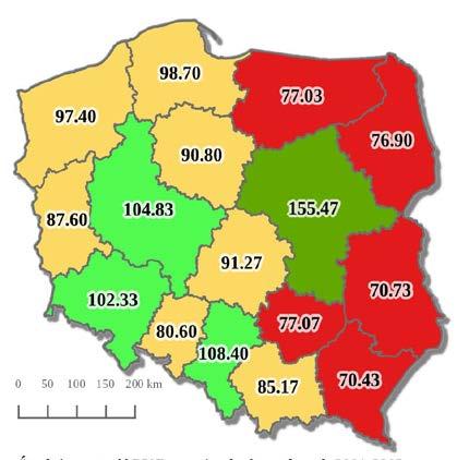 Udział liczby ludności województw w
