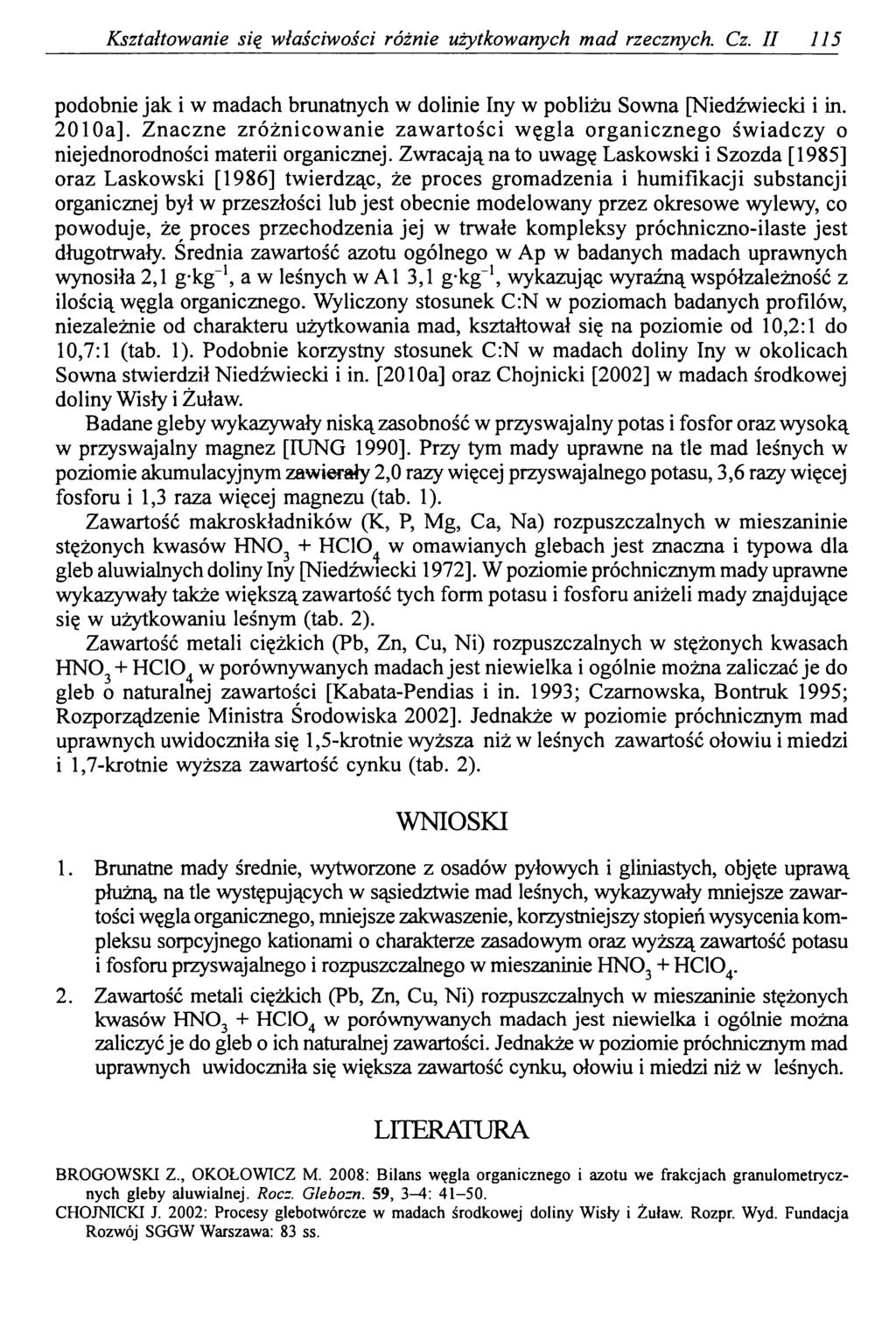 Kształtowanie się właściwości różnie użytkowanych mad rzecznych. Cz. II 115 podobnie jak i w madach brunatnych w dolinie Iny w pobliżu Sowna [Niedźwiecki i in. 2010a].