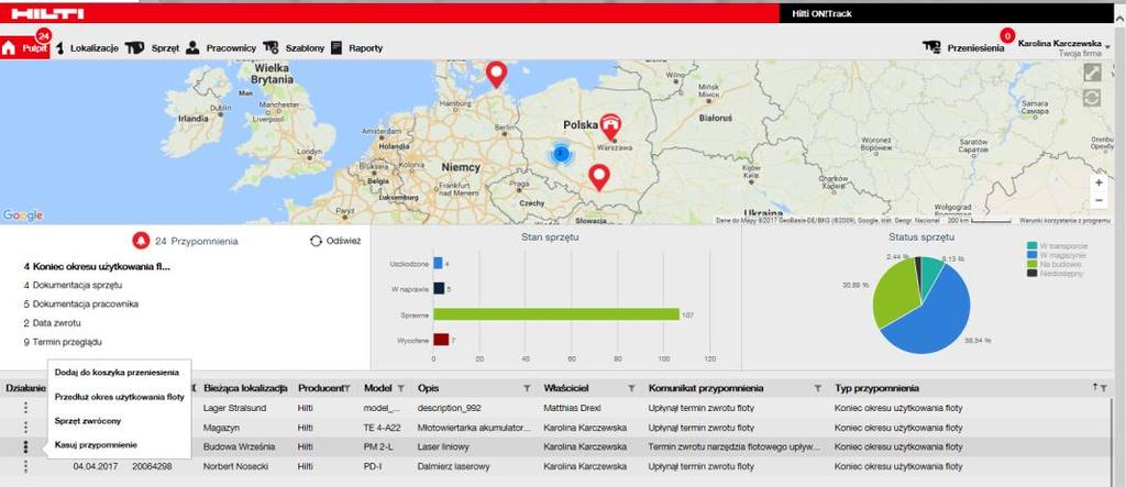 5.2 USUWANIE PRZYPOMNIEŃ O KOŃCU UŻYTKOWANIA FLOTY HILTI 1. Wybierz zakładkę Pulpit 2. Kliknij Koniec okresu użytkowania floty 3. Wybierz sprzęt do edycji 4.