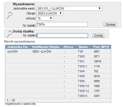 Rys. Lista działek z zawężonym kryterium wyszukiwania Wybranie działki/działek ewidencyjnych następuje w chwili, gdy: Zostanie wybrany numer działki z