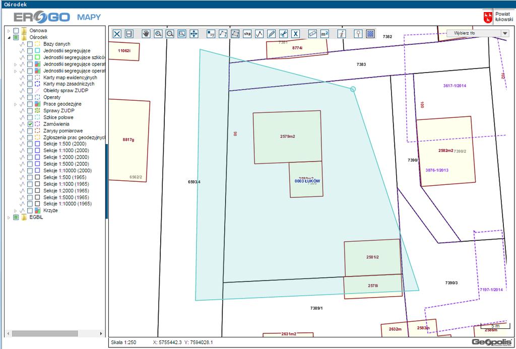 Rys. Okno Mapa podczas rysowania geometrii obszarowej zakresu realizowanego zgłoszenia. System ERGO: pozwala na tworzenie wieloobszarowych zakresów przestrzennych zamówień.