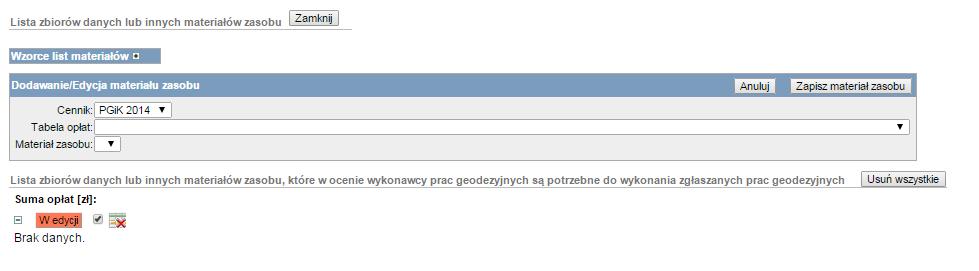 W lewym dolnym rogu formularza znajduje się sekcja: Prace w toku w zakresie zgłoszenia pracy geodezyjnej. Rys. Sekcja Prace w toku 4.3.