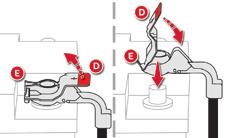 Informacje praktyczne Rozłączanie zacisku (+) F Podnieść maksymalnie łopatkę D, aby odblokować pierścień E. Podłączanie zacisku (+) F Ustawić otwarty pierścień E przewodu na zacisku (+) akumulatora.