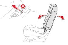 Komfort Położenie komfortowe Tylne zagłówki 3 F Pociągnąć za uchwyt taśmowy B i pchnąć siedzenie do tyłu. Oparcie pochyli się, a siedzisko nieco się odchyli.