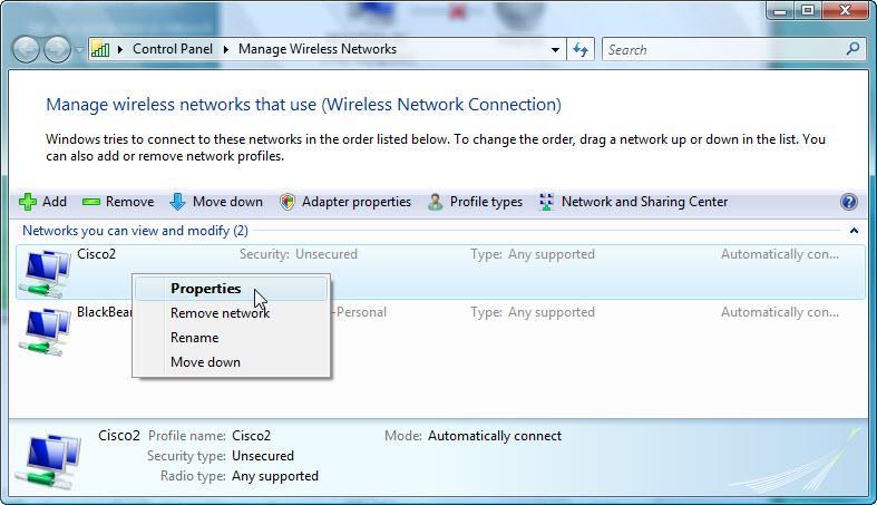 Zarządzaj sieciami bezprzewodowymi, kliknij prawym przyciskiem myszy Cisco #>