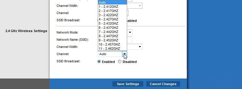 Kliknij rozwijane menu Chanel dla 2.4 GHz Wireless Settings. Jakie kanały są na liście? Wybierz numer kanału, który został podany przez instruktora.