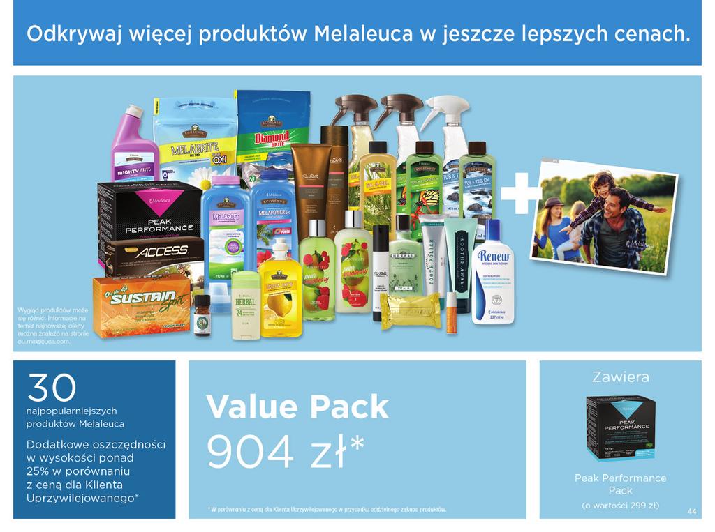 Najkorzystniejszy sposób na przedstawienie produktów Melaleuca to zestaw Value Pack. Jest on dostępny dla klientów tylko w ciągu pierwszych dwóch miesięcy członkostwa.