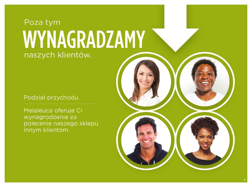 I zwracamy korzyści klientom. Zamiast kupowania reklam w telewizji, Melaleuca dzieli się przychodami z klientami, którzy chcą zaprezentować jej produkty i klub zakupowy swoim znajomym i krewnym.