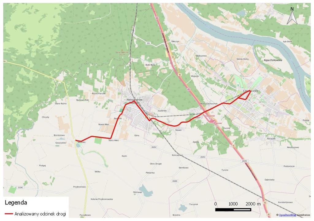 Rys. 5. Orientacyjna lokalizacja odcinków drogi wojewódzkiej nr 266 6. Droga wojewódzka nr 534 na odcinku Wąbrzeźno Obwodnica analizowany jest odcinek drogi o długości około 7,8 km.