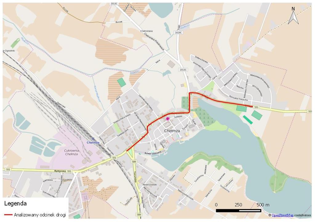 7. Droga wojewódzka nr 551 na odcinku Chełmża /przejście/ - analizowany ciąg drogi o długości 2 km składa się z jednego odcinka.