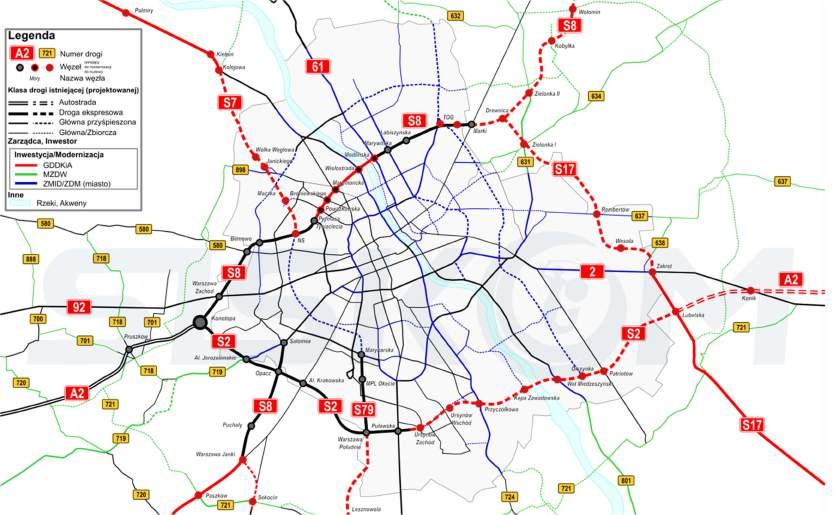 Rys. 4 Schemat Warszawskiego Węzła Drogowego [Źródło: http://siskom.waw.pl] Transport tramwajowy Komunikacja tramwajowa jest jednym z ważniejszych elementów transportu publicznego w Warszawie.