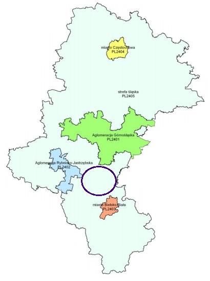 Rysunek 11 Strefy w województwie śląskim, dla których dokonano ocenę jakości powietrza za 2014 rok (Trzynasta roczna ocena jakości powietrza w województwie śląskim, obejmująca rok 2014, Wojewódzki